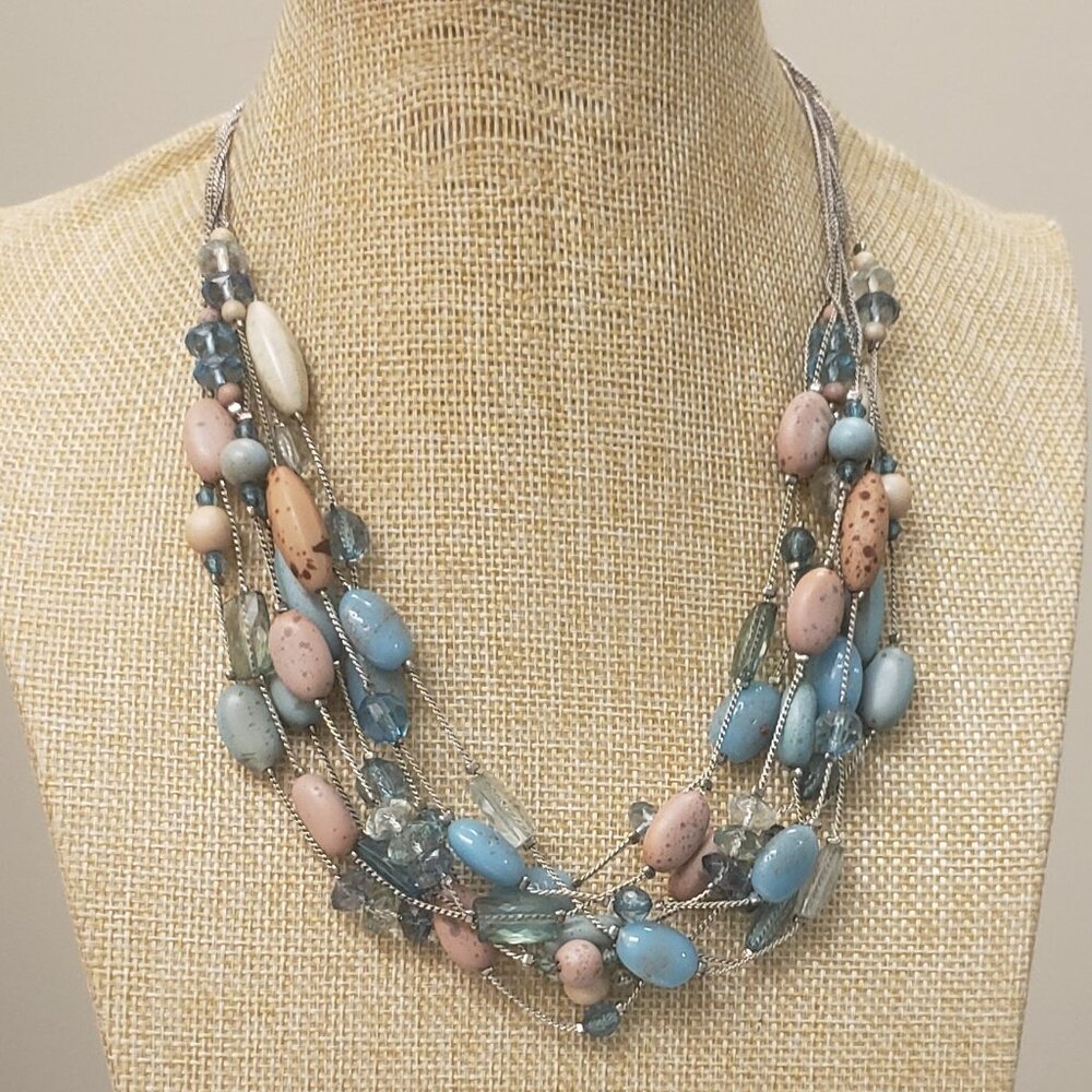 Vida vintage turquoise blue tan multi beaded silver tone signed fashion necklace
